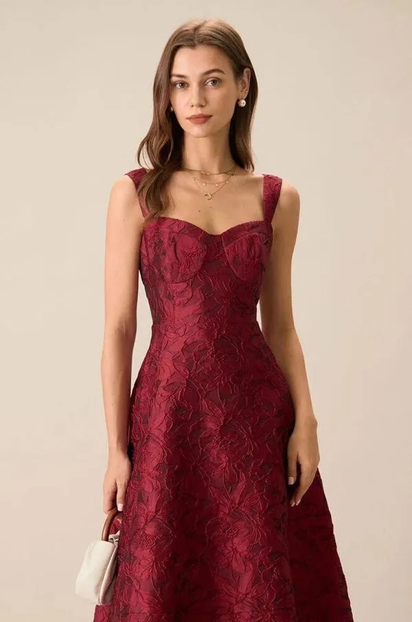 RIHOAS The Red Sweetheart Neck Jacquard Midi Dress M - Image 3