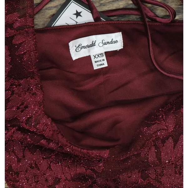 NWT Emerald Sundae Glitter Lace Bodycon Open Back Mini Dress Dark Red 2XS - Image 7