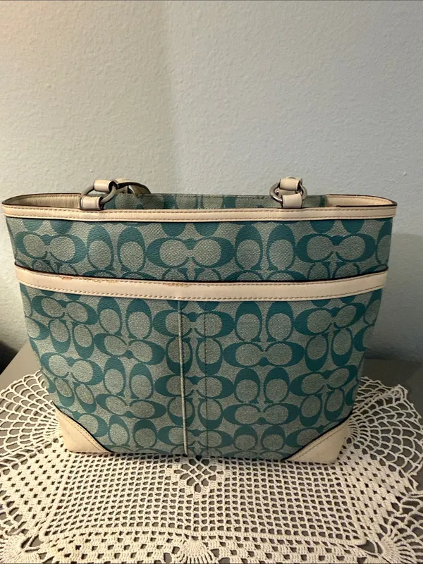 Coach Chelsea Teal and Cream Signature Stripe Tote. - Image 9