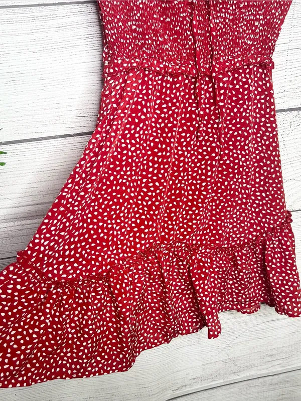 Red & White Polka Dot Smocked Sleeveless Mini Dress with Ruffle Hem Size Small - Image 6