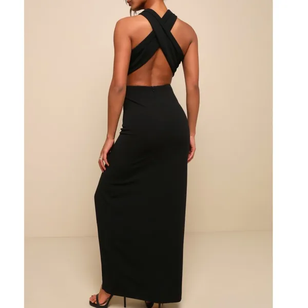 NEW Lulus Head to Cocktail Hour Black Halter Neck Open Back Maxi Dress Small - Image 2