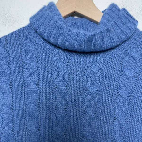 J. Crew Women Wool‎ Angora Cashmere Sweater Blue Cable Knit Turtleneck Fisherman - Image 4