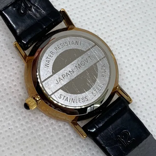 Vintage women gold tone watch quartz analog 22mm round black leather running - Image 4