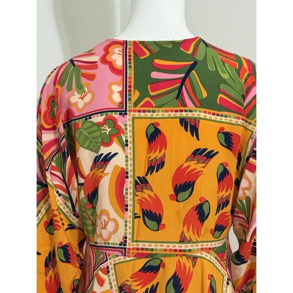 Tropical Patchwork Parrot Mini Dress Boho Resort Farm Rio Style Swim Cover S - Image 9