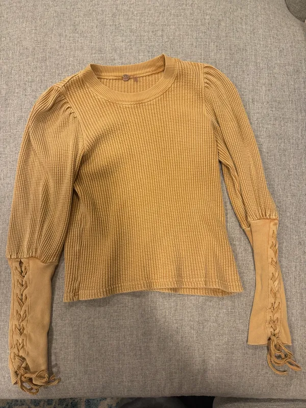 Free People One Tasha Thermal Waffle Knit Lace Up Puff Sleeve Women's Size Small - Image 3