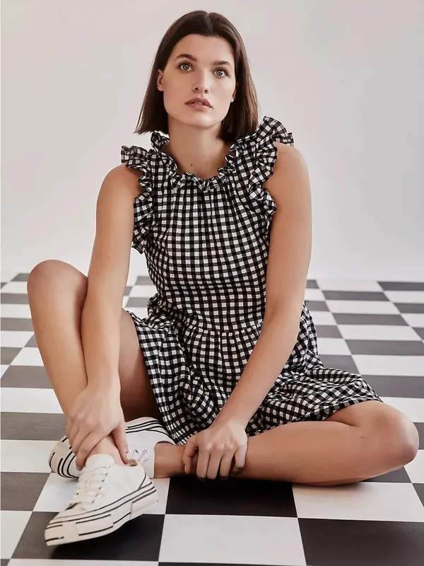 Maeve Lida Ruffled Mini Dress Women XS Black White Gingham Tiered Skirt - Image 2