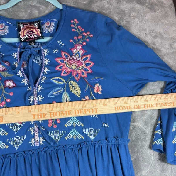 Johnny Was Bluebelle Embroidered Teal Maxi Dress S Bell Sleeve Peasant Tiered - Image 9