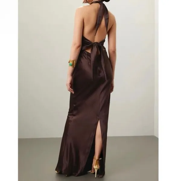 Retrofête Ester Brown Satin Tie Back Sheath Formal Dress, Prom Wedding Large - Image 2