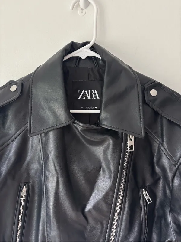 Zara Black Vegan Faux Leather Cropped Biker Moto Jacket Belted - Image 7