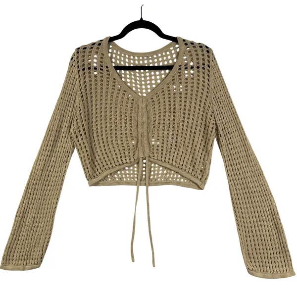 Open Knit L Tan Tie Front Cropped Cardigan Sweater Slouchy Boho Fairy‎ Grunge - Image 2