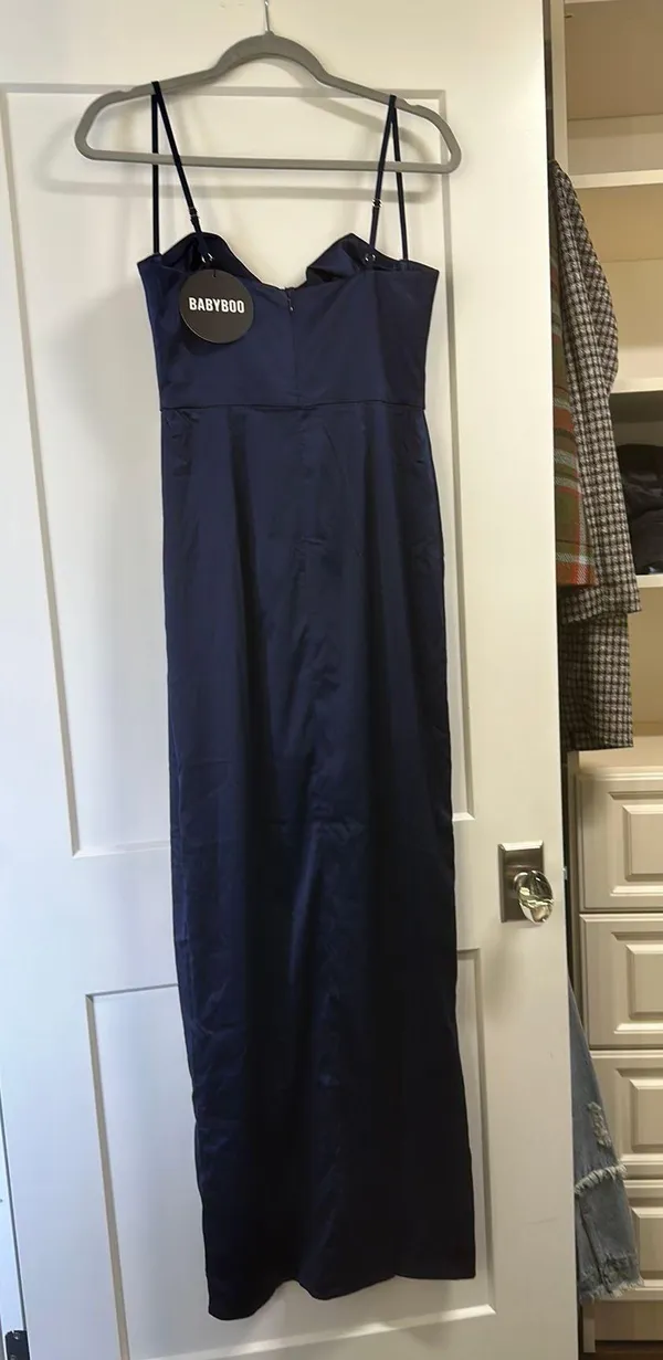 Babyboo Navy Blue Satin Maxi Dress With Front Slit - Image 3