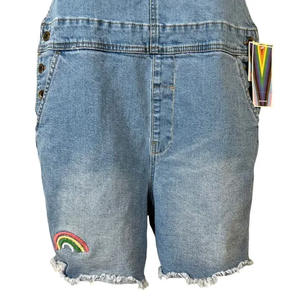 Target PRIDE SHORTALLS | Take PRIDE Queen Rainbow Patchwork Denim Unisex Shortalls - Image 4