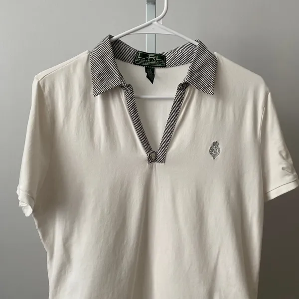 Lauren Ralph‎ Lauren L White Polo Shirt Striped Trim V-Neck Crest Active Sport - Image 2