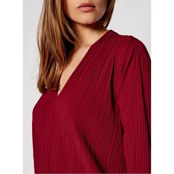 Max Mara Leisure Burgundy Red Tubo Pleated Plisse V-Neck Midi Dress XL‎ - Image 3