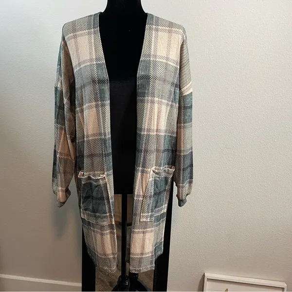 Farmcore Cowgirl Rustic Green Plaid Relaxed Long Cuff Sleeve Shacket Cardigan L - Image 11