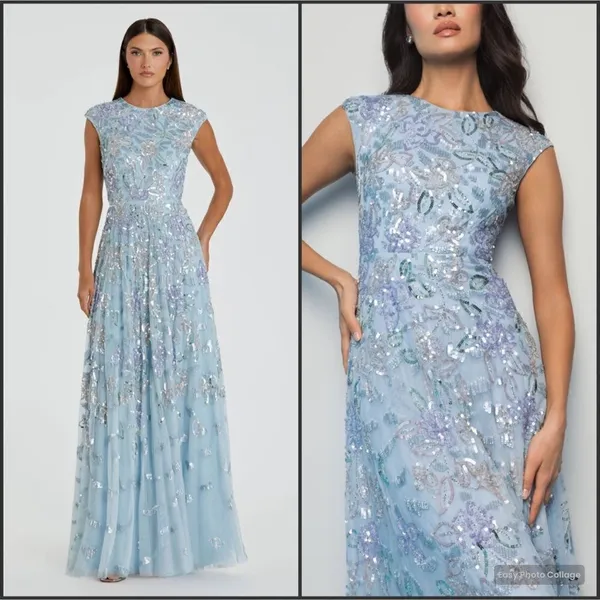 MAC DUGGAL 5647 Blue Sequined High Neck Cap Sleeve A Line Gown - Image 2