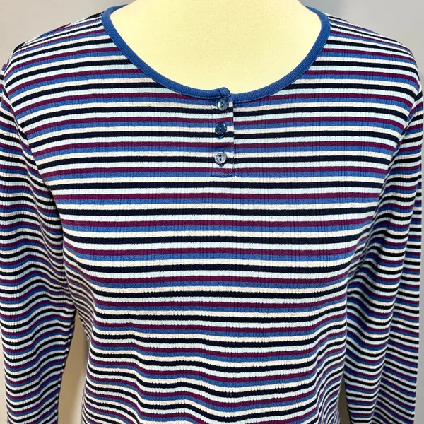 Vintage 90s Basic Editions Striped Ribbed Henley Top Blue Purple Grunge Skater M - Image 2