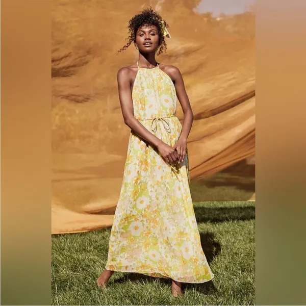 NWT Lulus Feeling Splendid Yellow and Green Floral Print Halter Maxi Dress L - Image 2