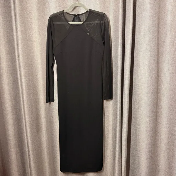 Dolan Anthropologie Dress Womens S Black NWT Mesh Yoke Long Sleeve Midi Slit - Image 2