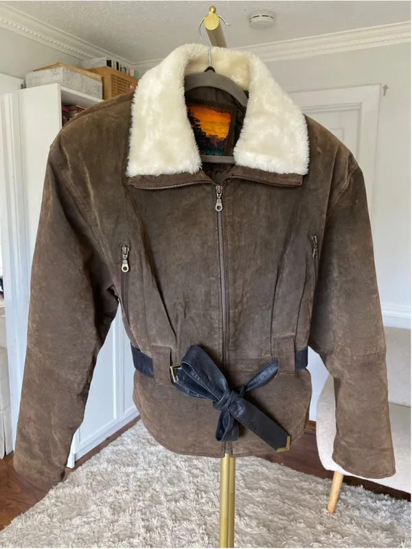 OutBrook M Brown Genuine Leather Shearling Collar Belted Aviator Moto Jacket Y2K - Image 2