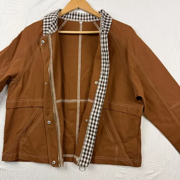 Brown Canvas Utility Jacket Gingham Trim Contrast Stitch Workwear Small - Image 4