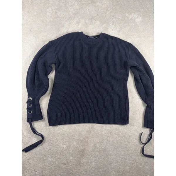 womens polo ralph lauren sweater tie sleeves navy chucky knit pima cotton Ribbed - Image 3