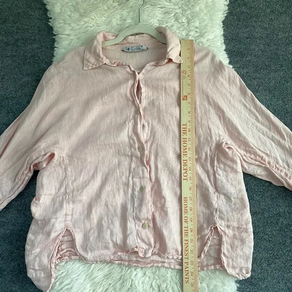 Zara Pink Button Down Shirt Collared Long Sleeve Front Slit Hem 100% Linen - Image 7