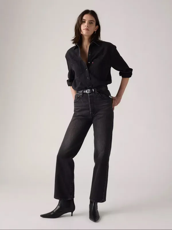 Levi's Ribcage Straight Ankle Jeans Black High Rise Stretch Cropped Denim 28 - Image 2