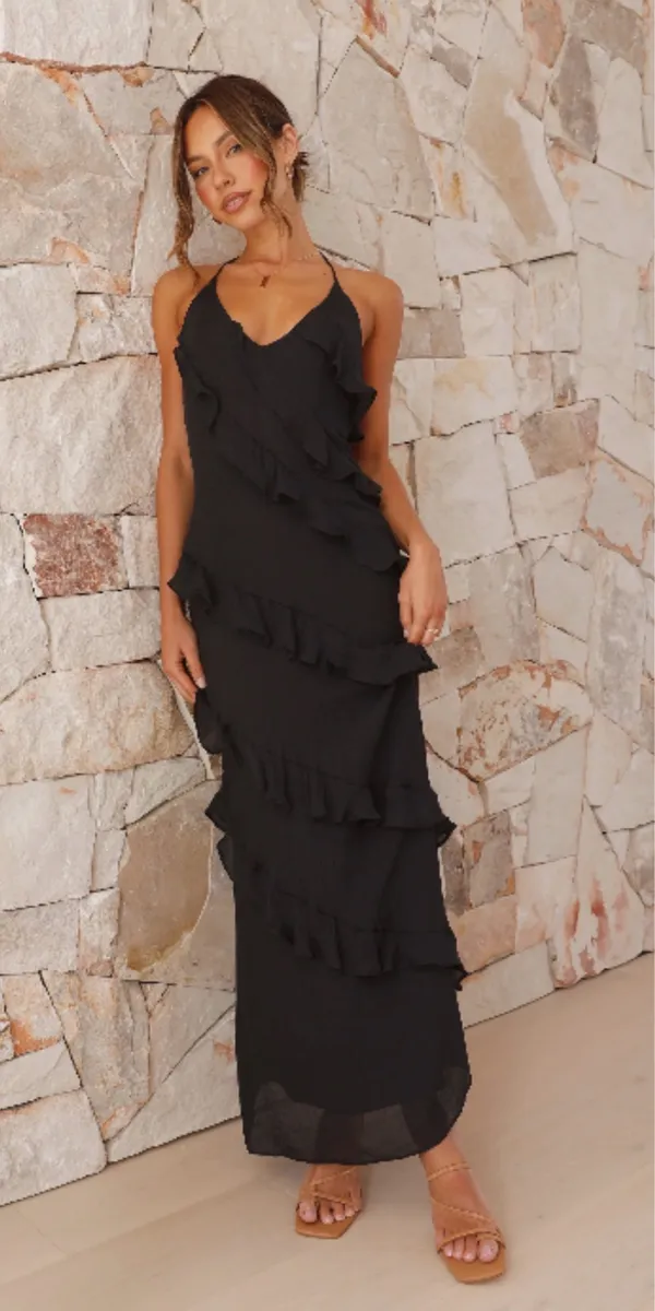 Hill House Billy J Ruffle Tiered Halter Maxi Dress Sz 10 Goth Romantic Cocktail Romantic - Image 5