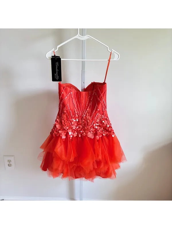 Cinderella Divine NWT Coral Sequin Strapless Sweetheart Neck Tulle Dress 4 - Image 9