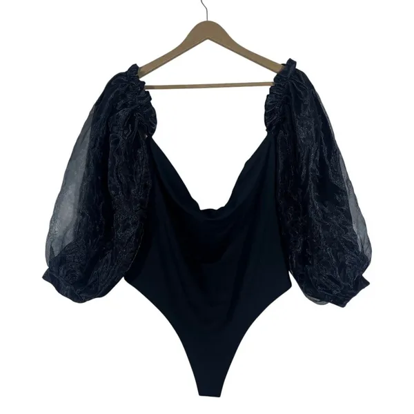 Lulus Dramatic Organza Puff Sleeve Solid Bodysuit Black Romantic Chic Size XL - Image 5