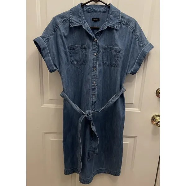 Talbots Denim Shirt Dress Cotton Size 4 Short Sleeve Belted Preppy‎ Minimalist - Image 2