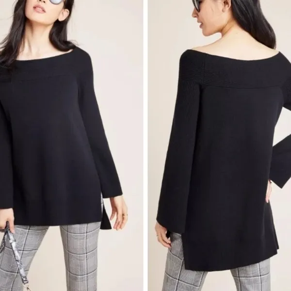 Anthropologie Elise Ribbed Black High-low Hem Off Shoulder Tunic Sweater Medium - Image 2