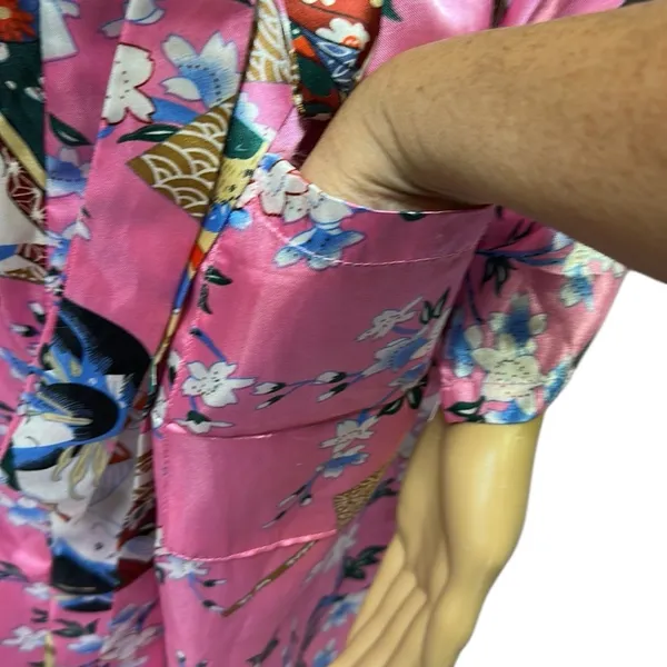 Pink Geisha Lotus Floral Satin Pocket Kimono Robe Tie Belt One Size Fits Most - Image 8