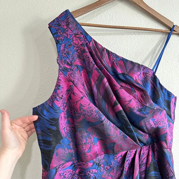Adrianna Papell Size 20 Blue Pink Brocade Floral Formal Dress One Shoulder - Image 3