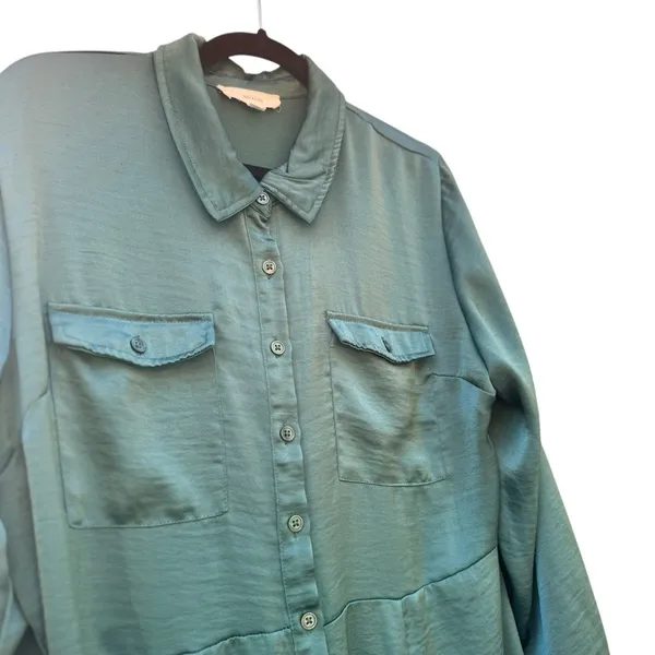 Lucky Brand Jewel Green Satin Shirt Dress XL Utility Long Sleeve Midi Pockets - Image 6