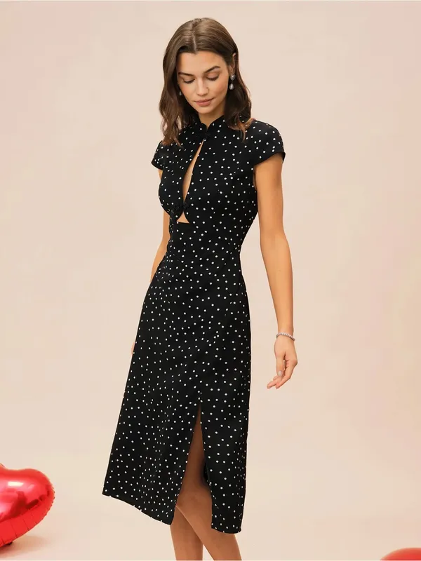 Rihoas Black Mandarin Collar Polka Dot Midi Dress - Image 5