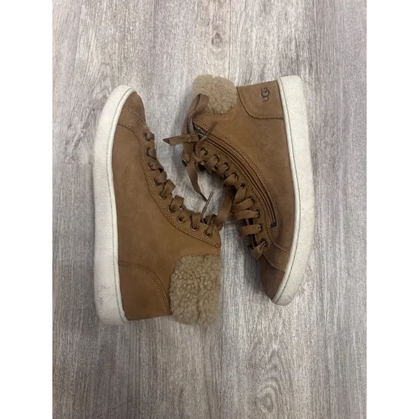 UGG Olive High Top Sneakers Chestnut Leather Shearling Womens Size 8.5 - Image 4