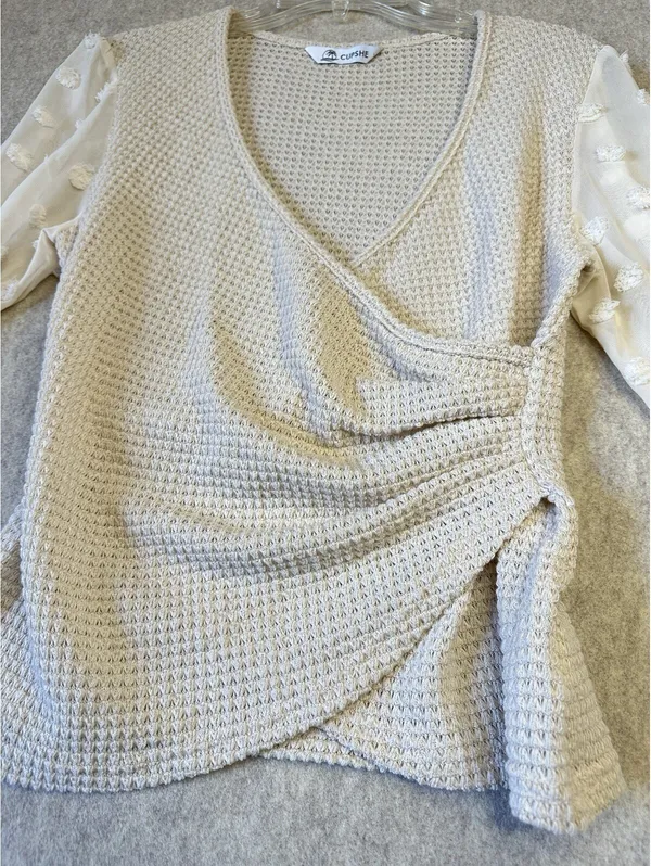CUPSHE Wrap Waffle Knit Top Sheer Sleeve With Poms Beige Women’s Small - Image 3