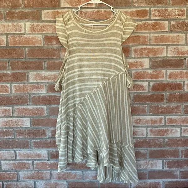 Free People Between The Lines Asymmetrical High Low Linen Dress Large Beige - Image 3