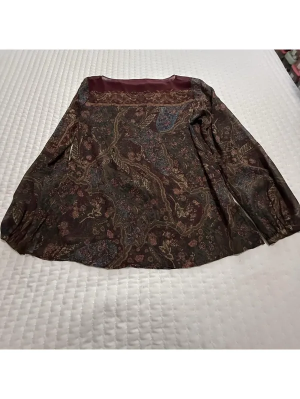 Lauren Ralph Lauren Burgundy Paisley Floral Sheer Blouse Top XL Extra Large - Image 10
