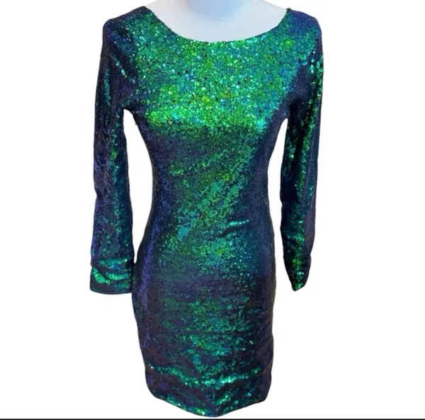 Green Multicolor Sequin Long Sleeve Dress Mini Disco Holiday Party S Vneck Back - Image 2