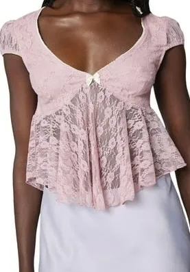 NWOT BABY PINK Lace see through Cap Sleeve Babydoll high low Top size L - Image 4