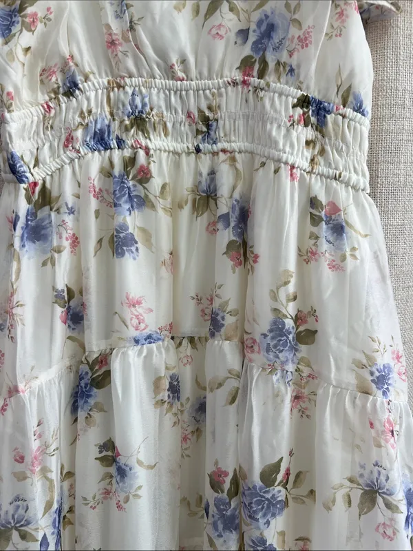 Floral Chiffon Flounce Sleeve Shirred Midi Dress Medium - Image 7