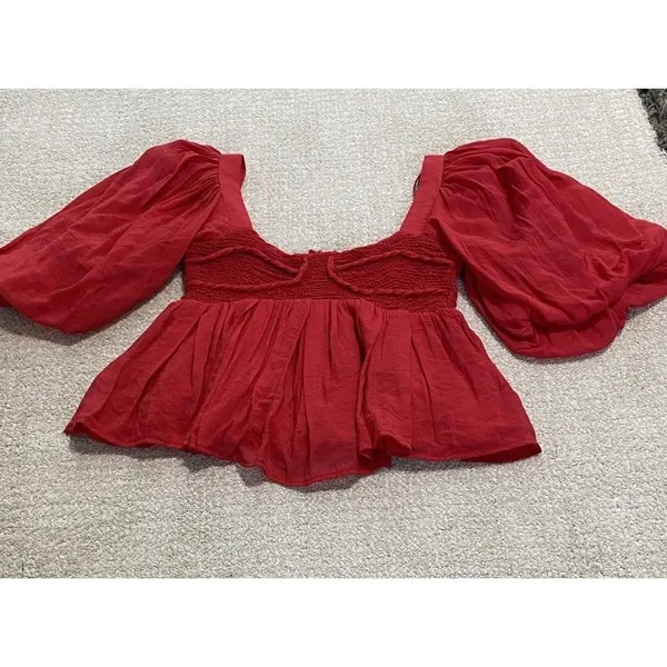 Sofie the label Red Puff Sleeve Smocked Ruffle Cropped Top Square Neck Size S - Image 12