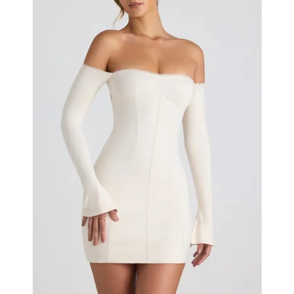 Oh Polly Mini Dress Off Shoulder Long Sleeve Suki Size US2 Ivory Beige - Image 5