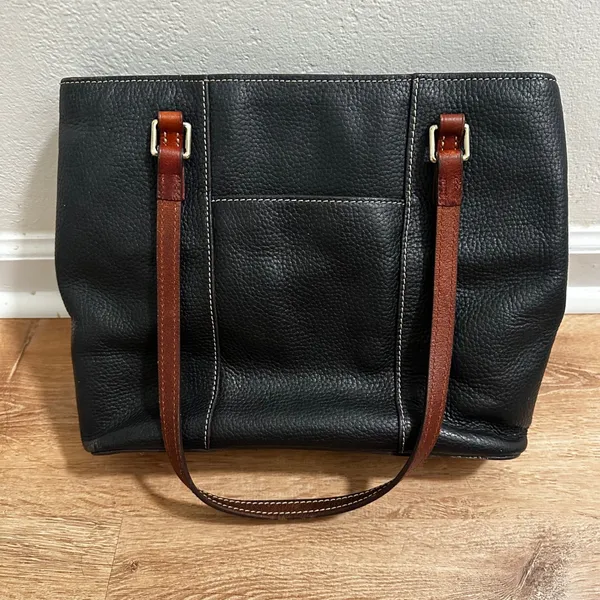 Dooney & Bourke Black Pebbled Leather Tote Bag Cognac Trim Shoulder Bag - Image 3