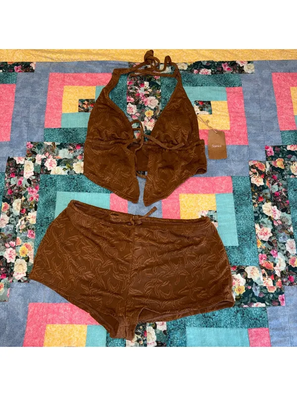 Samiol NWT Peacock Brown Tankini Small Two Piece Brown Textured Top & Shorts Set - Image 4