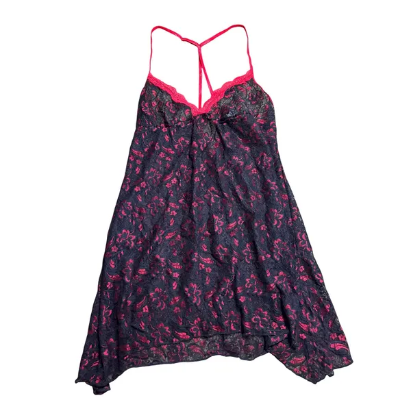 Secret Treasures Pink Navy Floral Lace Babydoll Chemise Sharkbite Hem Large‎ - Image 2