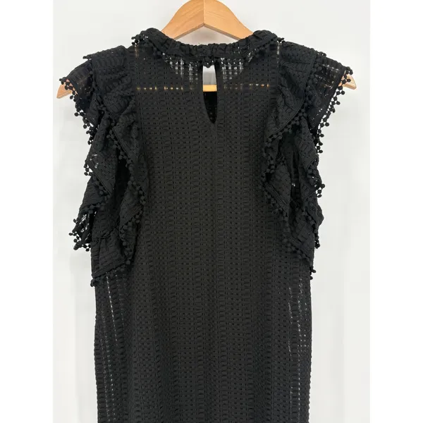 Sugar + Lips‎ Eyelet Ruffle Mini Dress Womens Small Black Pom Pom Trim STD10938 - Image 8